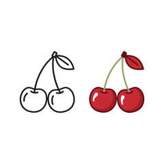 Two cherries, one in color and one in black outline, isolated on