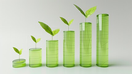 Quantified Green Growth: Five Cylindrical Transparent Containers with Stepped Growing Saplings, Symbolizing Eco-Investment Returns, ESG Performance, and Steady Development.