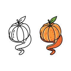 Mandarin orange with peel isolated on in color and line art