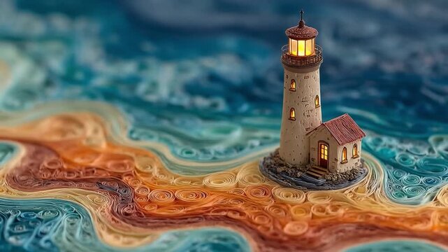 Miniature lighthouse on colorful abstract background with swirls and waves