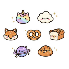 Set of Cute Kawaii Icons with Unicorn, Fox, Bread, and Fantasy Elements