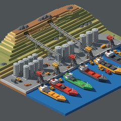 Industrial Port with Ships and Storage Silos.