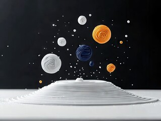 A stylized solar system with textured spheres representing planets orbiting a layered disc, set against a dark, starry background.