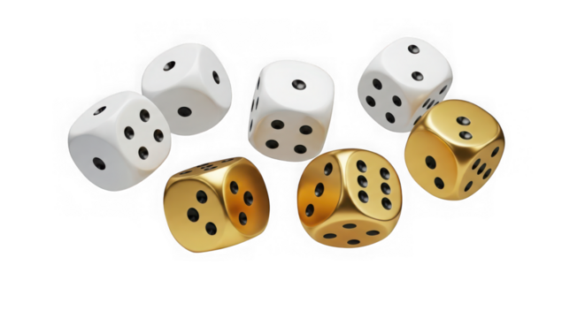 Dice with white and gold color isolated on transparent background