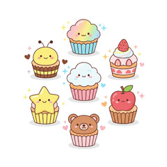 Set of Cute Kawaii Cupcakes with Bear, Star, Bee, and Fruit Decorations