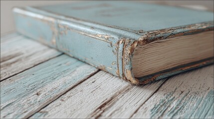 A close-up of a vintage blue book resting on weathered wooden planks, showcasing its worn edges and textured cover.