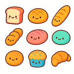 Set of Cute Kawaii Bakery Goods and Bread Vector Illustration