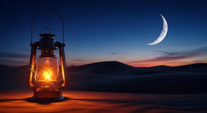 Old lantern in desert at sunset with crescent moon