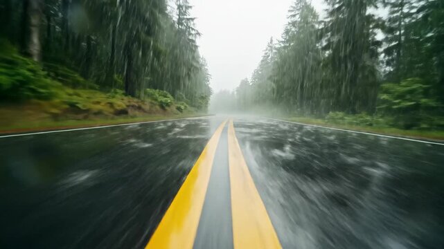 POV low angle tracking shot of an asphalt road with yellow double lines, wet from heavy rain. Tall green trees line both sides of the road, creating a dense forest atmosphere.