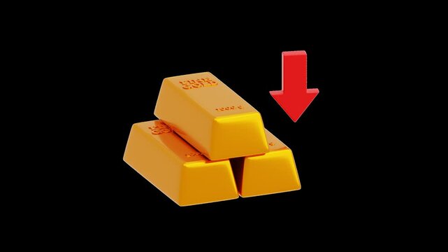 3D Gold Price Arrow Drops Falling Down | Alpha Channel