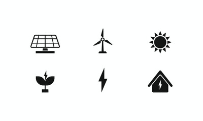 Set of six solid black silhouette icons representing renewable energy sources: solar panel, wind turbine, sun, bio energy, lightning, and smart home power. Environment and ecology concepts
