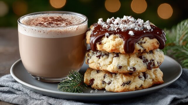 Beverage with frothy top, stack of chocolate-chip cookies with melted topping. Background blurred