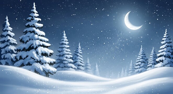 Winter wonderland with snowcovered pine trees and crescent moon