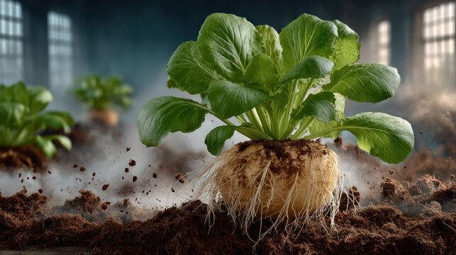 Bok choy plant, exposed roots, sprouting from soil, with others in the background