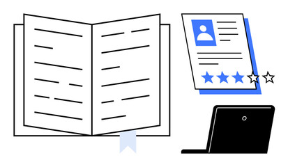 Open book with ribbon bookmark, rated resume with stars, and laptop in minimalistic style. Ideal for education, recruitment, research, career growth, digital learning, training and performance