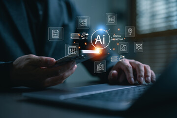 AI digital marketing and SEO technology concept. Businessman using smartphone and laptop with AI icon, data analytics, search engine, content automation and online business optimization tools.