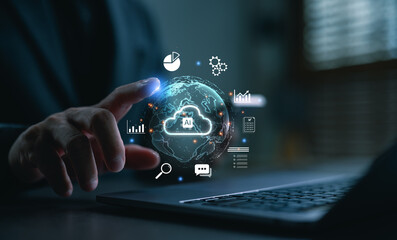 AI cloud computing and data analytics concept. Businessman touching virtual globe with cloud AI icon, graphs, charts, and digital interface for big data processing and innovation technology.