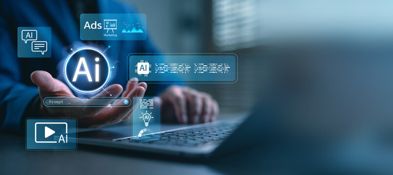 Artificial intelligence in marketing concept. Businessman using laptop with AI icon, chatbot, video, data visualization and prompt input for ad automation, content creation, and innovation.