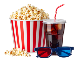 Popcorn Bucket with Cola Cup and 3D Glasses, Classic Movie Night Still Life, Isolated on Transparent Background