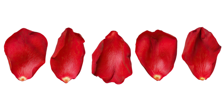 Five red rose petals lined up against a stark black background
