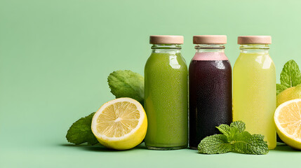Freshly Squeezed Juices in Glass Bottles with Lemon and Mint on Vibrant Green Background, Perfect for Healthy Lifestyle and Refreshing Drinks, Summer, or Wellness Promotion.