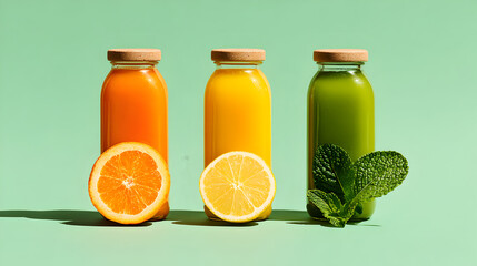 Refreshing Fruit Juices in Clear Bottles with Citrus and Mint on a Minimalist Background for Healthy Lifestyle and Beverage Concepts