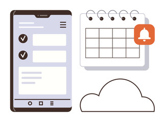 Mobile phone task list, calendar with reminder notification, cloud symbol representing organization, scheduling, and data storage. Ideal for productivity, planning, time management, organization