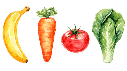 Colorful Watercolor Illustrations of Fresh Fruits and Vegetables Including Banana, Carrot, Tomato, and Lettuce for Healthy Lifestyle and Nutritional Concepts