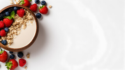 Fresh and Healthy Breakfast Bowl with Oatmeal, Mixed Berries, and Almond Milk on Bright White Background for Nutritious Meal Idea