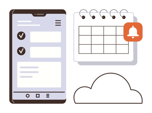 Mobile phone task list, calendar with reminder notification, cloud symbol representing organization, scheduling, and data storage. Ideal for productivity, planning, time management, organization - Powered by Adobe