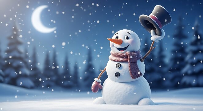 A cheerful snowman waves hello under a crescent moon and falling snow
