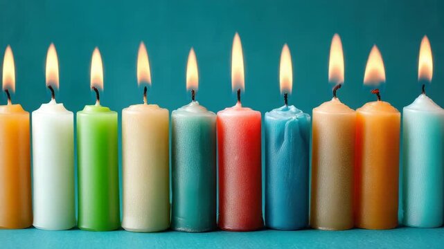 Lit candles of various colors in a row, with flames against a teal background