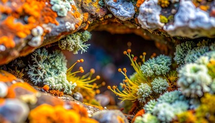 macro closeup lichen rock crevice micro colony organic growth mineral texture moisture beads tiny ecosystem vivid colors natural pattern surface detail rugged terrain intricate biology close shot