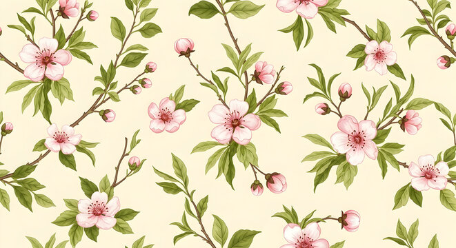 Fototapeta Seamless floral pattern with peach blossoms and lush green foliage on soft cream background 32105518 1