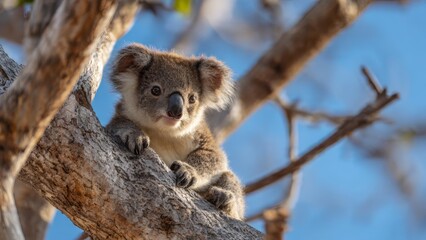 Close-up wildlife photo of a curious koala clinging to a eucalyptus tree with a clear blue sky in the background. Perfect for nature, Australia tourism, conservation, and environmental themes.