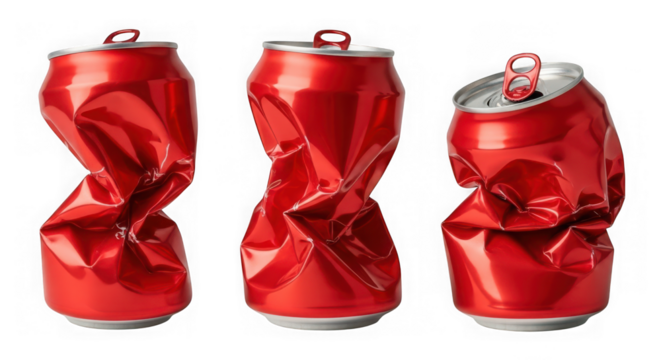 Three crushed red aluminum cans isolated on transparent background, recycling concept