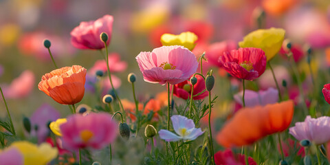 Fototapeta premium Vibrant Blooming Wildflowers in Soft Sunrise Light