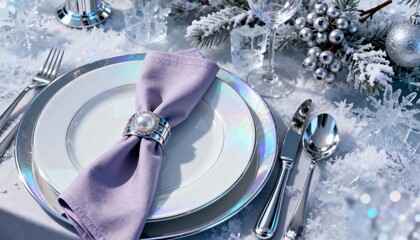 An elegant Christmas 2026 table setting in frosty lavender and pearl white. Featuring matte silver, chrome accents, and artificial ice decorations, lit with sharp, clean light.