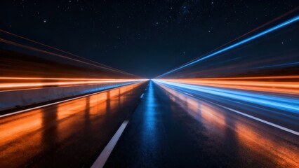 Long exposure night road with light trails and starry sky