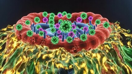 Microscopic view of a virus entering a cell demonstrating cellular invasion and infection process in a biological microscopic - Powered by Adobe
