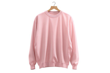 Pink sweatshirt hangs, plain and centered, on a wooden hanger