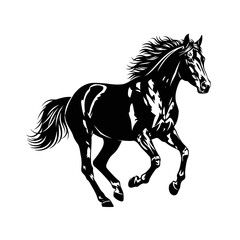 A majestic black horse gallops gracefully, its powerful muscles rippling beneath its sleek coat, isolated on