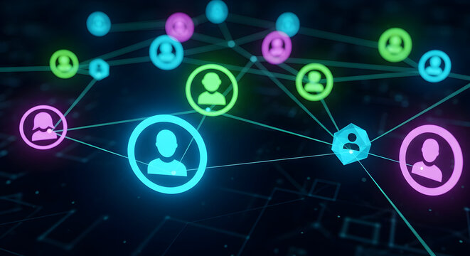 Multiple glowing user icons floating in cyberspace representing digital network communication and on 59188722 1