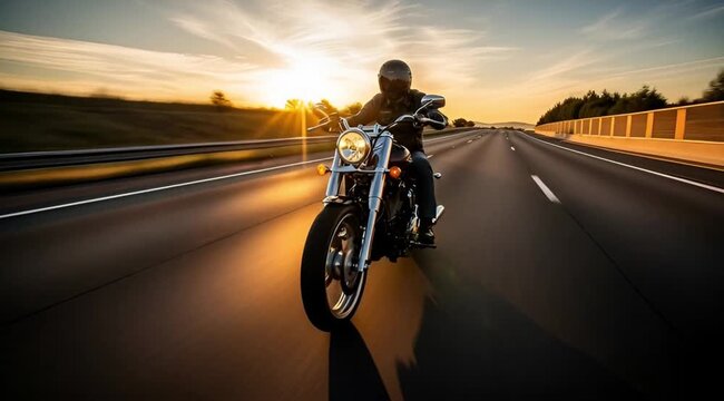 A lone motorcyclist rides a cruiser on an open highway towards the golden sunset, embodying the spirit of freedom and adventure