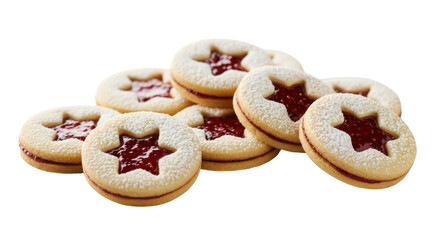 Pile of Linzer cookies filled with jam and dusted with sugar on white background