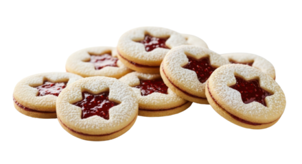 Pile of Linzer cookies filled with jam and dusted with sugar on white background