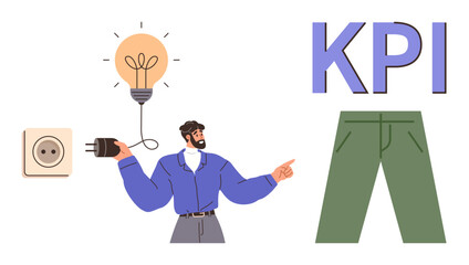 Man holding plug near socket and light bulb, pointing to KPI text. Includes pants for visual balance. Ideal for business growth, innovation, metrics, strategy, productivity, inspiration