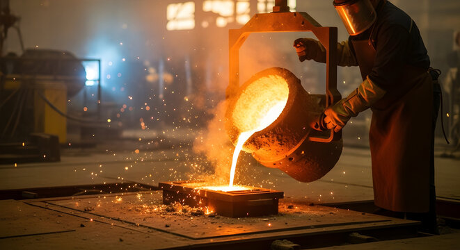 Molten metal being poured from foundry crucible onto surface in industrial manufacturing process wit 99831812 1