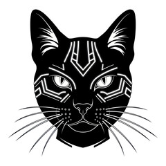 Intricate black cat face with geometric patterns and whiskers.