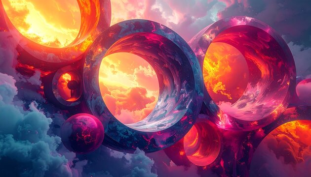 Surreal Spheres Floating in a Dreamy Cloudscape with Vibrant Colors.